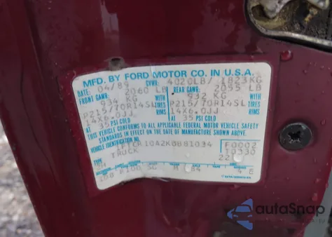 1989 Ford Ranger из США, поврежденный, VIN 1FTCR10A2KUB81034